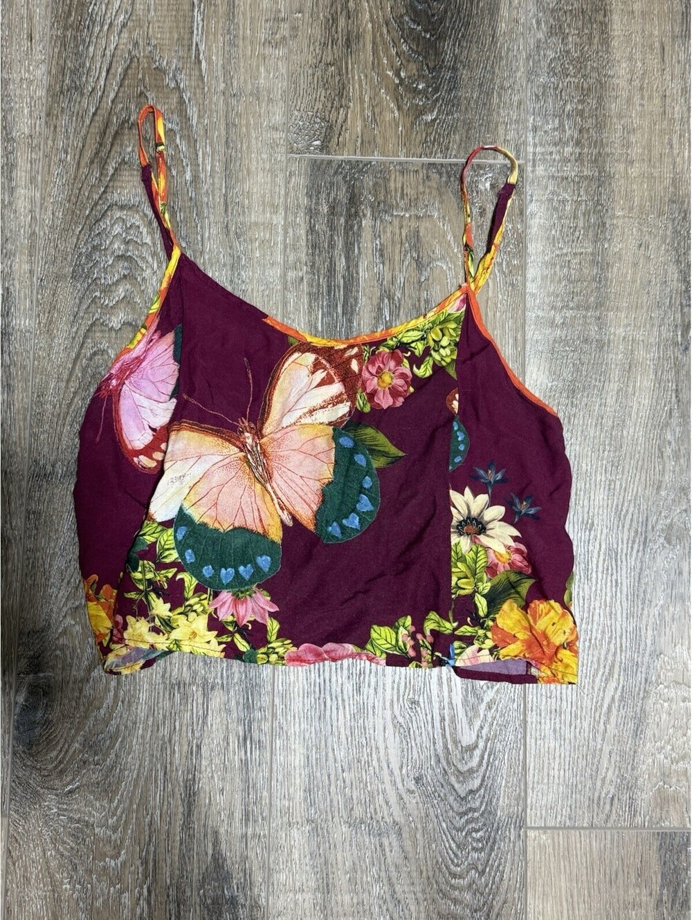 FARM Rio Butterfly Floral Crop Cami Top Burgundy Tropical Spaghetti Strap XS